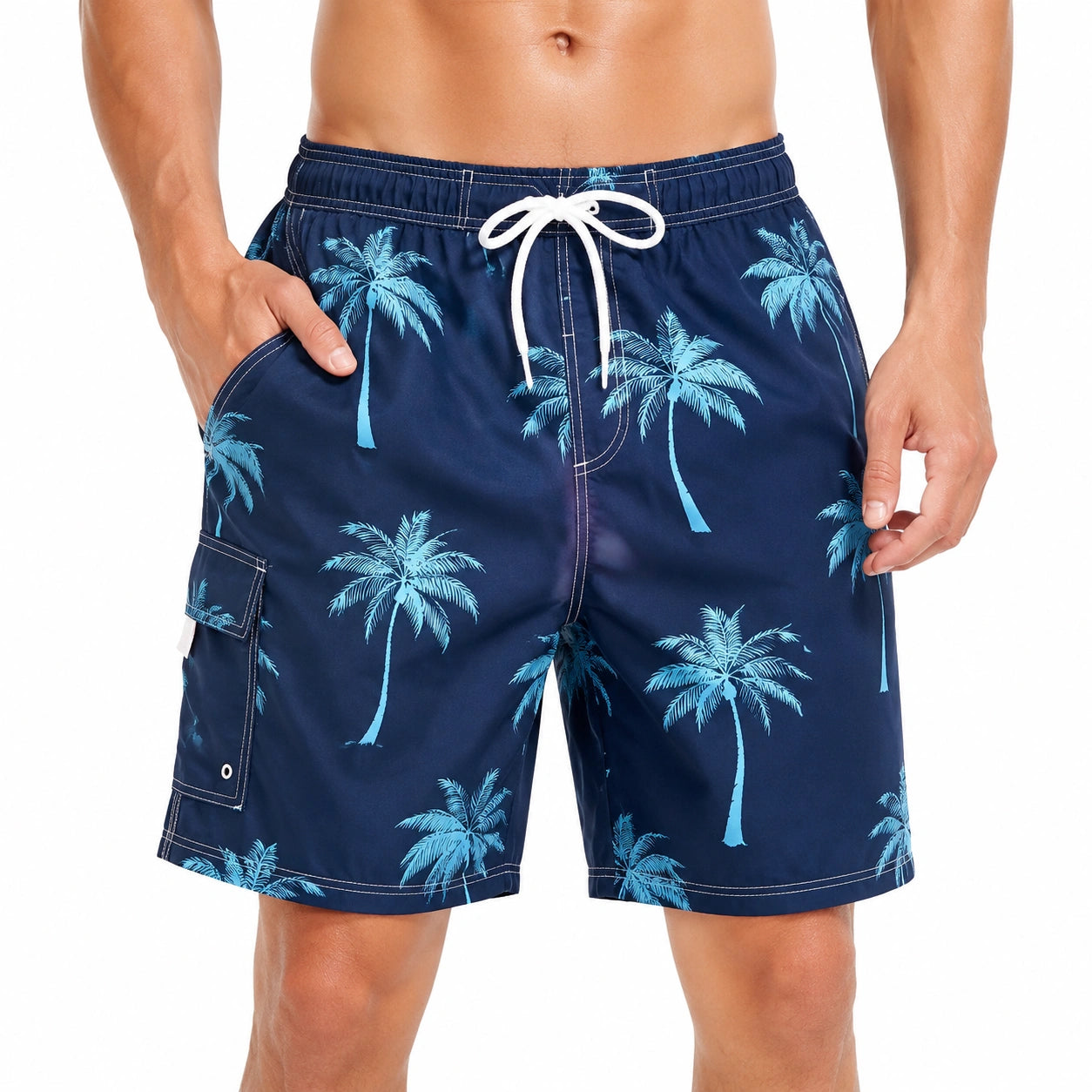 Herren Badeshorts L Dunkelblau mit Palmenprint und Kordelzug