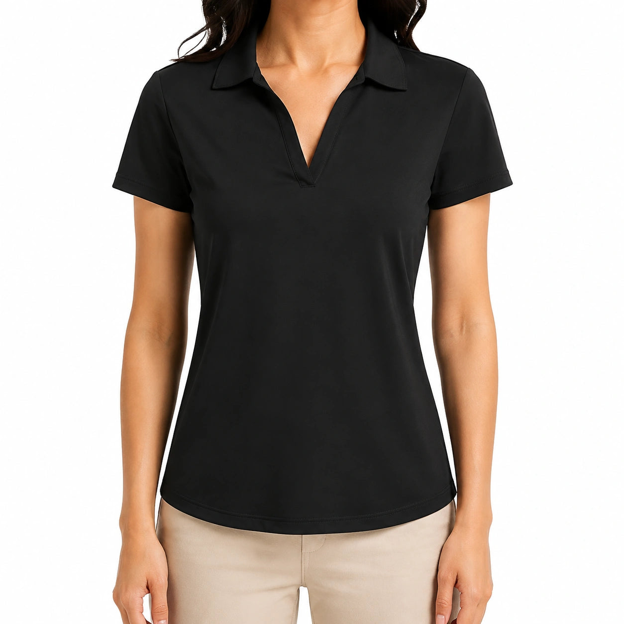 Damen Poloshirt Größe L aus Textil Schwarz Kurzarm mit V-Ausschnitt