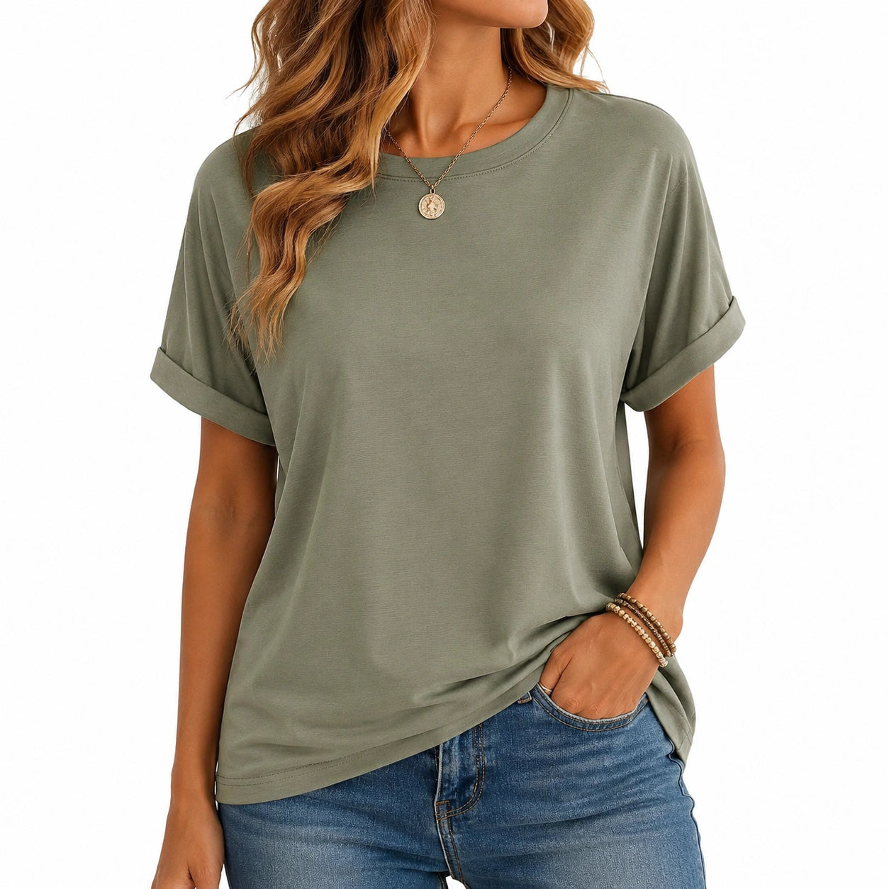 Damen T-Shirt M olivgrün Kurzarm locker geschnitten