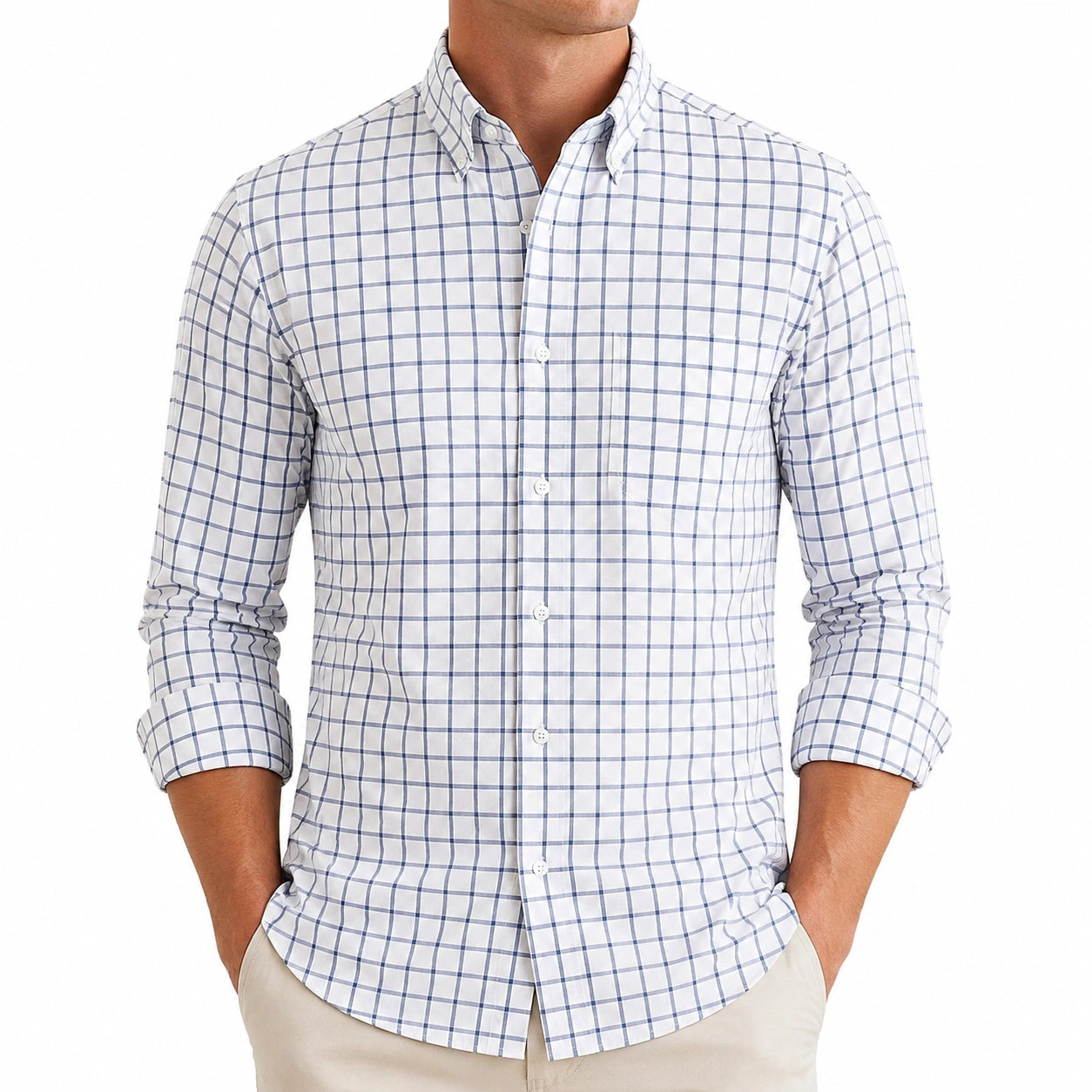 Herren Hemd XL aus Webstoff Weiß Blau kariert mit Button-Down-Kragen