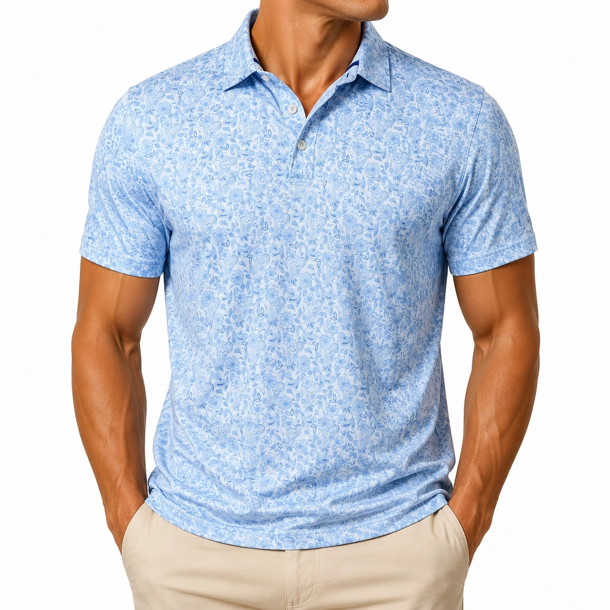 Herren Poloshirt XL Hellblau mit Blumenmuster Kurzarm