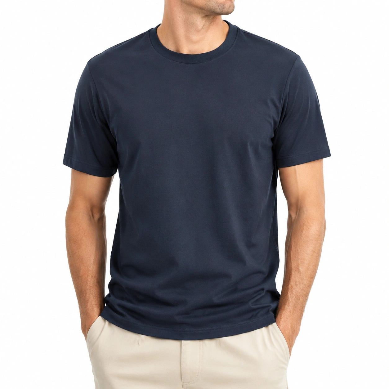 Herren T-Shirt Größe M aus glattem Textilgewebe in Dunkelblau mit Rundhalsausschnitt