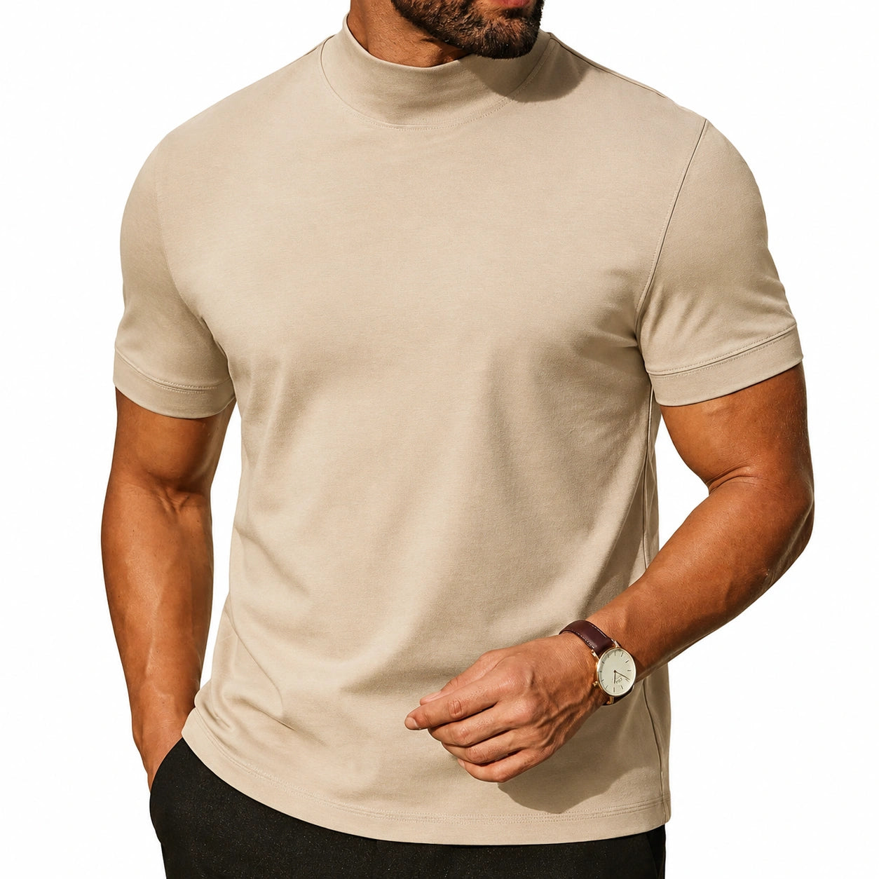 Herren T-Shirt L Beige aus weichem Textilgewebe mit Stehkragen