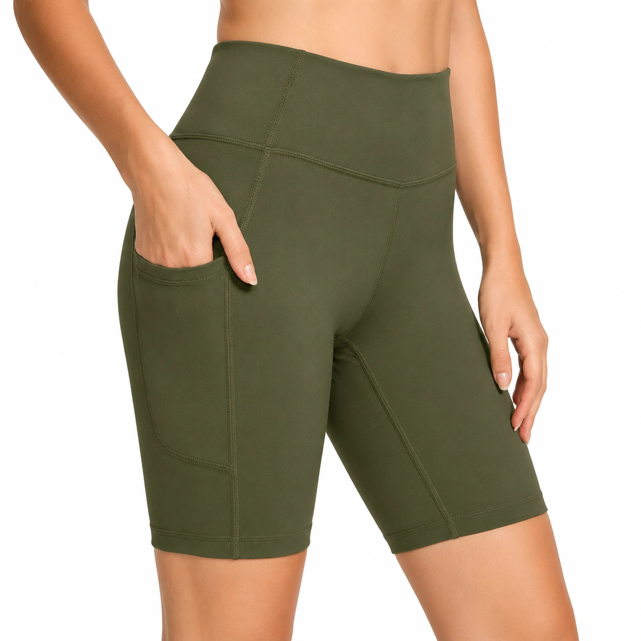 Damen Radlerhose Größe L aus elastischem Stoff Olivgrün mit hoher Taille und Seitentasche