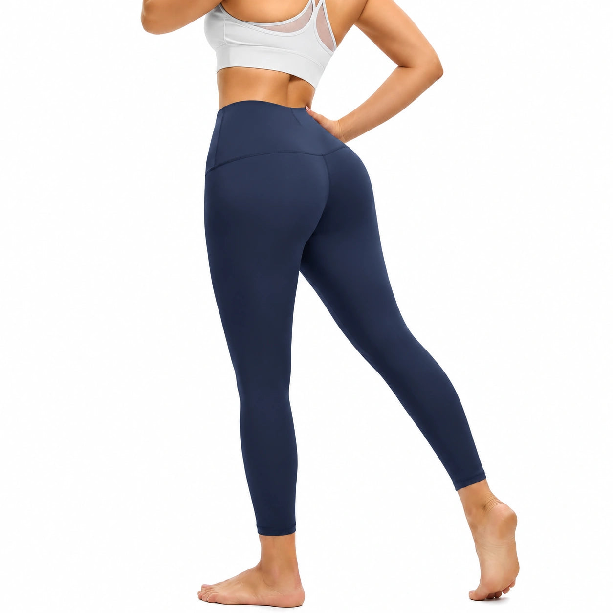 Damen Sportleggings Größe M aus elastischem Synthetikgewebe in Dunkelblau mit hohem Bund